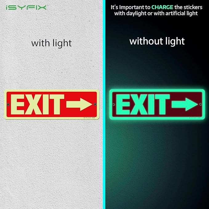 iSYFIX Exit Signs with Directional Right Arrow, Glow in the Dark, Photoluminescent Aluminum 12x4 Inch - 2 Pack, Laminated for UV & Weather Resistance, Ideal for Offices, Schools, Theaters & More