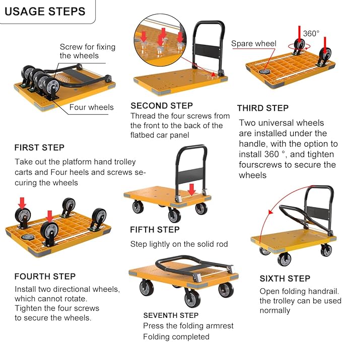 WUD Push Cart, Folding Mobile Platform Trolley,Thickened and Reinforced, 360° Swivel Wheels,28.3 “L x 18.9 ”W, 440 lb. Yellow Dolly cart with Wheels