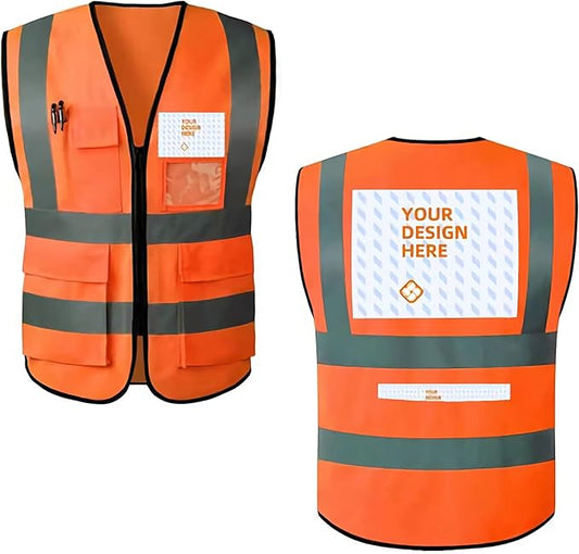 Custom Safety Vest Personalized Logo Hi Vis Reflective Zipper Work Vest with Pockets Fluorescent Yellow Class 2