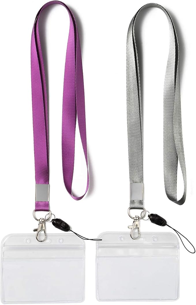 YOUOWO 2 Pack Horizontal Clear ID Badge Holders with Office Neck Lanyards with Clip,Purple Grey Lanyard with Heavy Duty id Holder,PVC Name Tag Card Holder,Waterproof Resealable