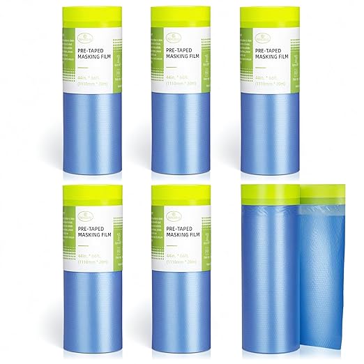 Pre-Taped Masking Film for Painting - 44" x 66' Painters Plastic Sheeting with Automotive Paint Tape and Drape for Covering Cars, Walls, Windows and Furniture Protection (6 Rolls)