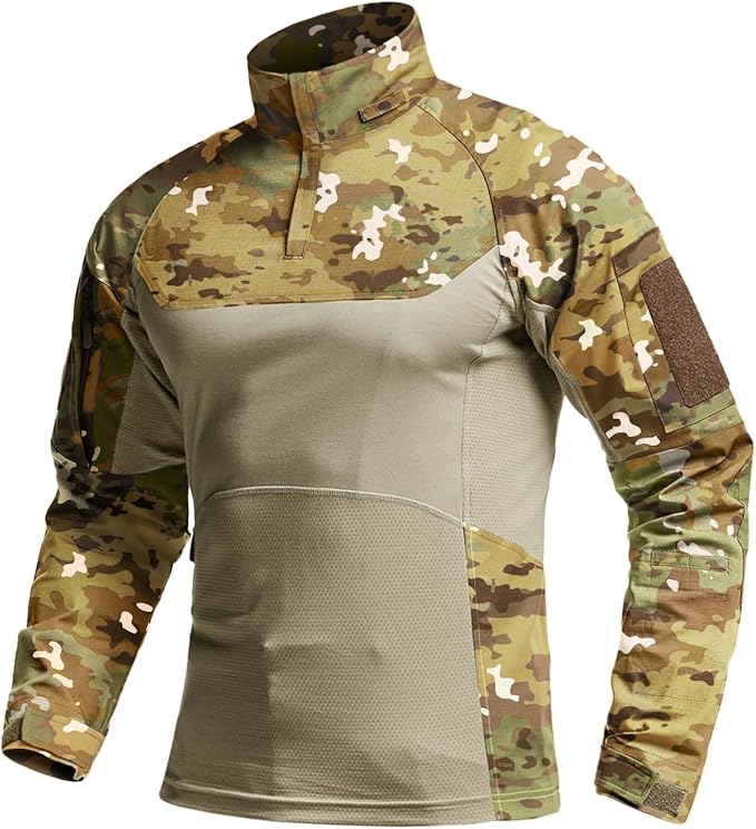 CQR Men's Combat Shirt Tactical 1/4 Zip Long Sleeve Military BDU Shirts Camo EDC Top with Pockets