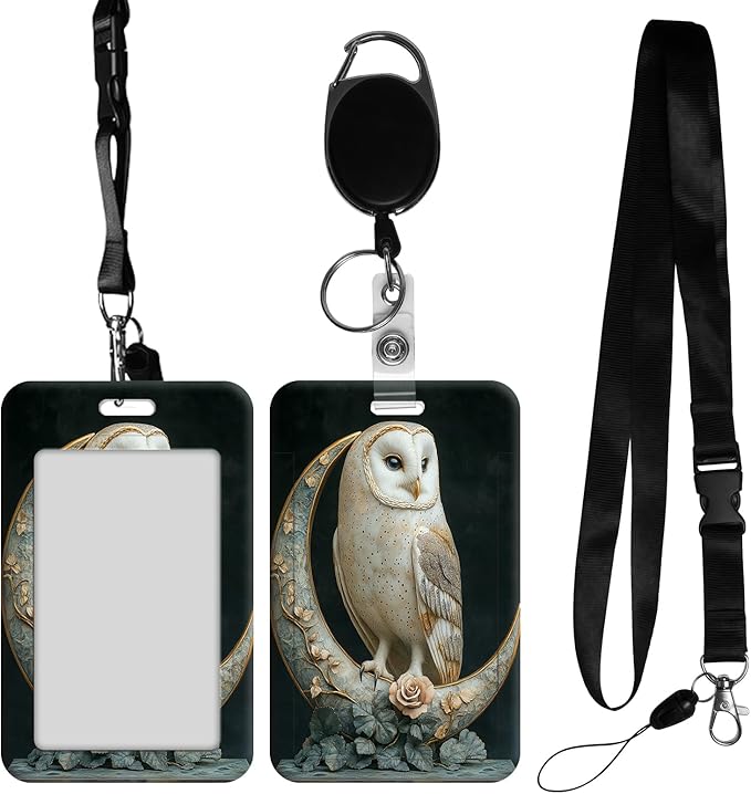 ID Badge Holder with Retractable Lanyard for Women & Men,Vertical ID Card Holder Wallet,Clear Window&Card Slot,Detachable Neck Strap for Nurse Teacher Office,Owl Moon Rose