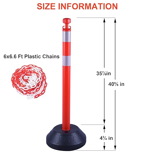 OrangeStar 6 Packs Traffic Delineator Post Cones, 40” Driveway Chain Safety Barriers with Water Fillable Base, 6 x 6.6 Ft Plastic Chains, Crowd Control Stanchion Sets for Outdoor and Indoor, Red