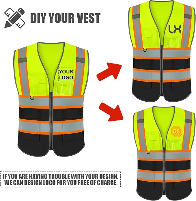 BeautyWill 10 Pack Custom Logo Safety Vest ANSI Class 2 High Visibility Reflective Vest Personalized Construction Vest Bulk