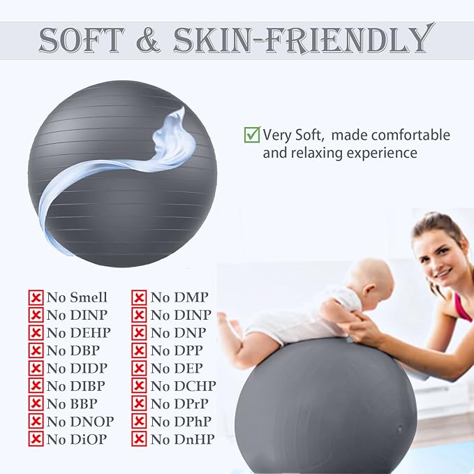 Soft Exercise ball, Anti-Burst Yoga Ball Chair Supports 2200lbs, Workout Equipment w/ Pump for Pregnancy Medicine Birthing Physical Therapy Stability Excersing Birth Swiss Fitness Gym Physio Labor Abs