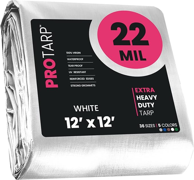 PROTARP Extreme Heavy Duty 22 Mil Tarp Cover, Waterproof, UV Resistant, Rip and Tear Proof, Poly Tarpaulin with Reinforced Edges for Roof, Camping, Patio, Pool, Boat. (White 12′ X 12′)