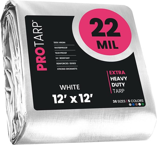 PROTARP Extreme Heavy Duty 22 Mil Tarp Cover, Waterproof, UV Resistant, Rip and Tear Proof, Poly Tarpaulin with Reinforced Edges for Roof, Camping, Patio, Pool, Boat. (White 12′ X 12′)