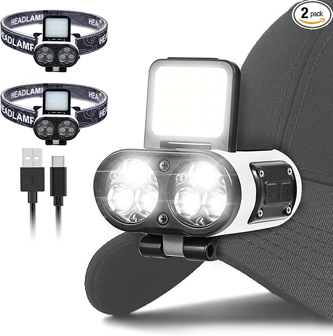 2 Pcs LED Hat Light, 900lm Dimmable Clip on Cap Lights, Headlamp Rechargeable, 180°Adjustable Hands Free Hat Flashlight Headlamp Waterproof for Hiking, Running, Fishing, Cycling, Emergency (White)