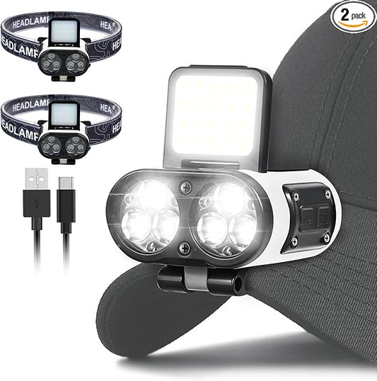 2 Pcs LED Hat Light, 900lm Dimmable Clip on Cap Lights, Headlamp Rechargeable, 180°Adjustable Hands Free Hat Flashlight Headlamp Waterproof for Hiking, Running, Fishing, Cycling, Emergency (White)