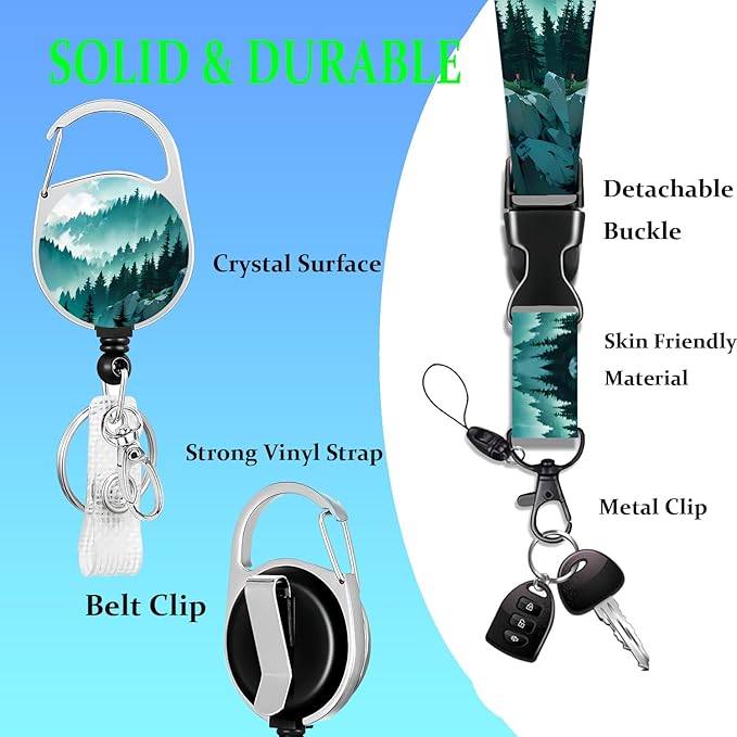 Mountain ID Lanyard Badge Holder Retractable Badge Reel Clip Cool Keychain Lanyard ID Holder for Women Men Teachers Doctors for Keys Heavy Duty ID Badges Name Tag Tree Reel Lanyard Key Card Holder