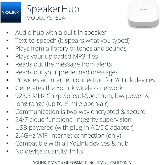 YoLink SpeakerHub & Three Water Leak Sensors Starter Kit – Plays Tones/Sounds, Spoken Messages, LoRa-Powered ¼ Mile Range, App Alert, Emails, SMS/Text, IFTTT