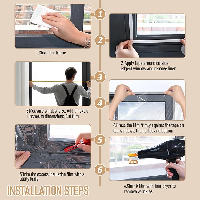 Window Insulation Kit for Winter,Plastic Shrink Film & Strong Tape, Indoor Thermal Seal to Block Drafts, Cold Air for Windows and Patio Doors,5-Pack(42"W x 62"T)