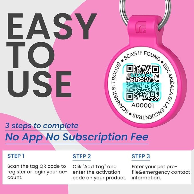 Silicone Dog Tags Personalized for Pets with QR Code, Emergency Contact Info, Anti-Lost, Scan Location Alerts(Rose Red-L)