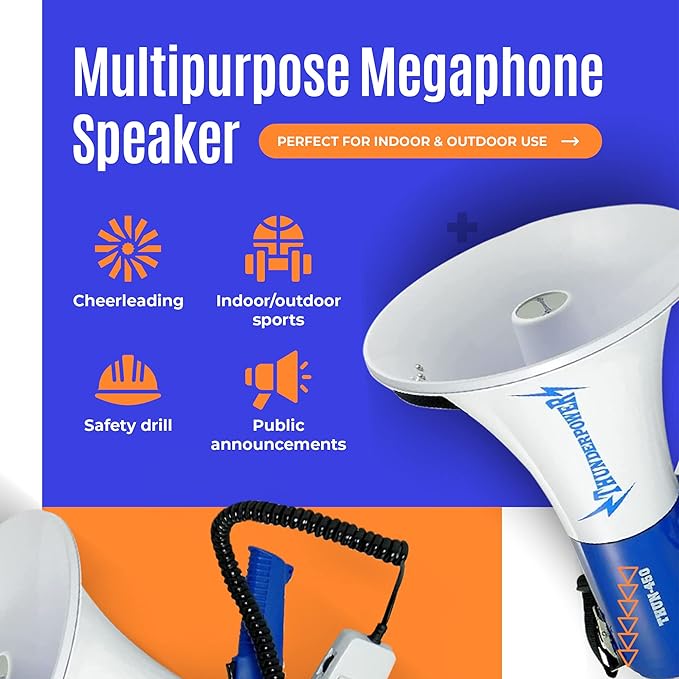ThunderPower THUN450 Extra-Loud Megaphone Speaker – 35W Voice Amplifier for 1,400-Yard Range – Bullhorn Megaphone with Voice, Siren & Whistle Mode – Bull Horn Loud Speaker with Mic & Shoulder Strap