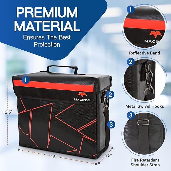 Fireproof and Waterproof Document Bag with Lock, 6200℉ Insulated, Patented Enclosed Flap Design, Heavy Duty Fire Safe Storage Box for Documents, Files & Valuables, 16"x12.6"x6.5"