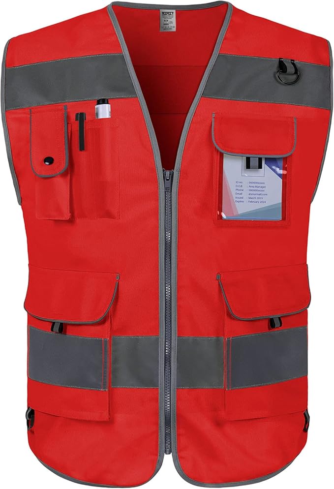 TCCFCCT Red Safety Vest for Men Women 9 Pockets High Visibility Reflective Vest for Safety, Work Vest with Reflective Strips, Meets ANSI/ISEA Standards, Large