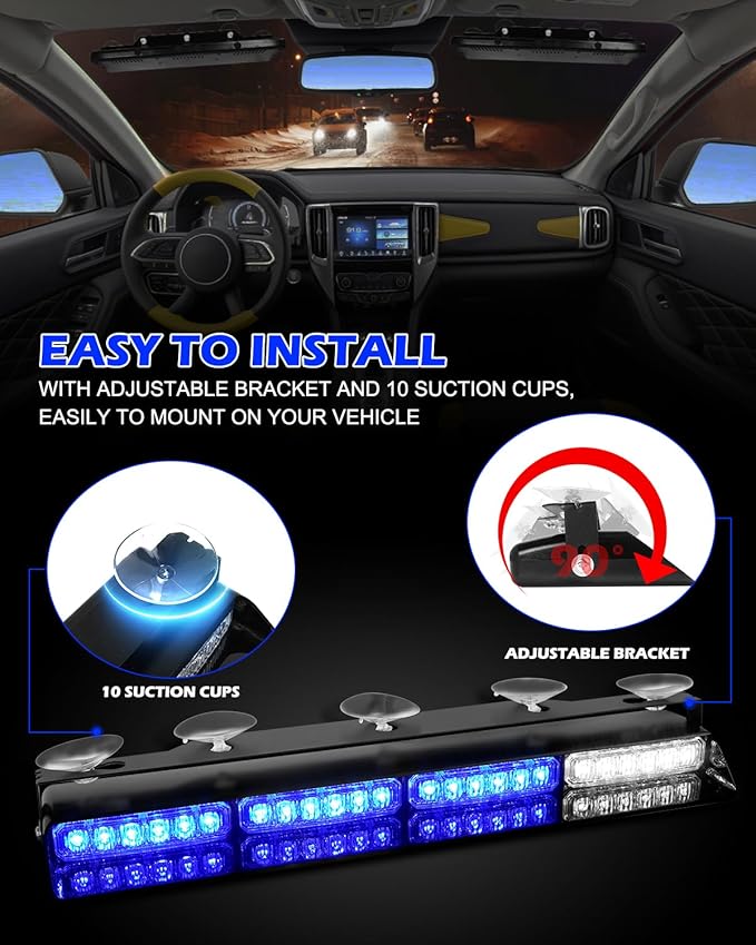 HLauto 604N Emergency Dash Strobe Lights: 2x16.8 inch Blue Security Light w/Take Down, 48 LED Safety Flashing Warning Hazard Interior Windshield Light Bar for Trucks Vehicles