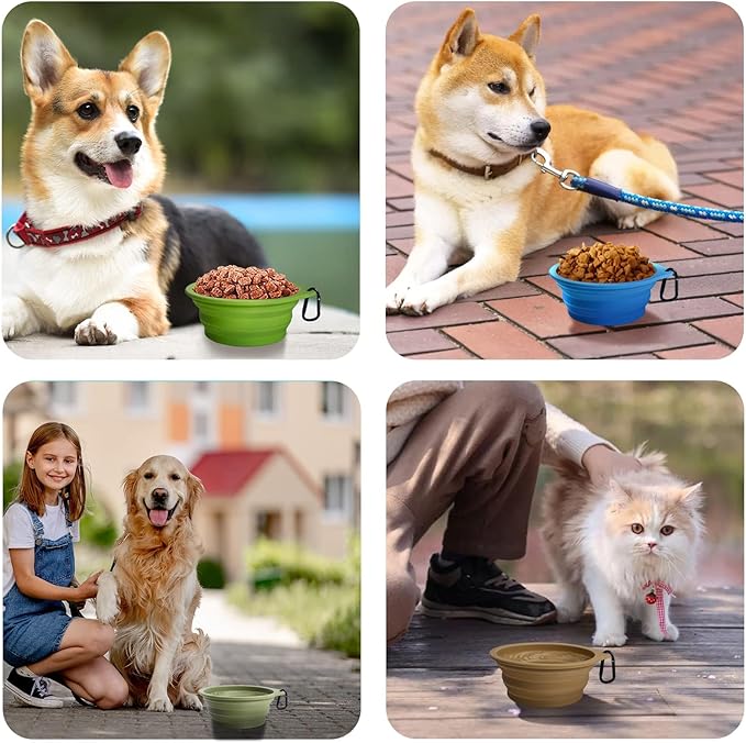 PetBonus 2-Pack Large Silicone Collapsible Dog Bowls, 34oz/1000ml BPA Free Portable Foldable Travel Bowl for Pet Cat, Food Water Feeding Dish for Camping with 2 Carabiners (Army Green, Navy Blue)