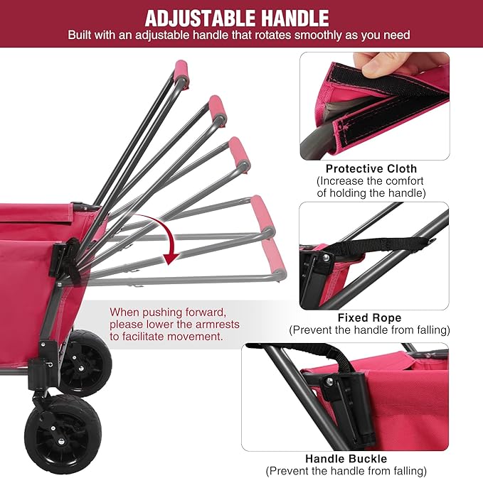 REDCAMP Folding Dog Wagon Cart with Extendable Rear End Heavy Duty, 220L Large Collapsible Utility Cart Dog Stroller with Tailgate for Sports Shopping Pet, Pink