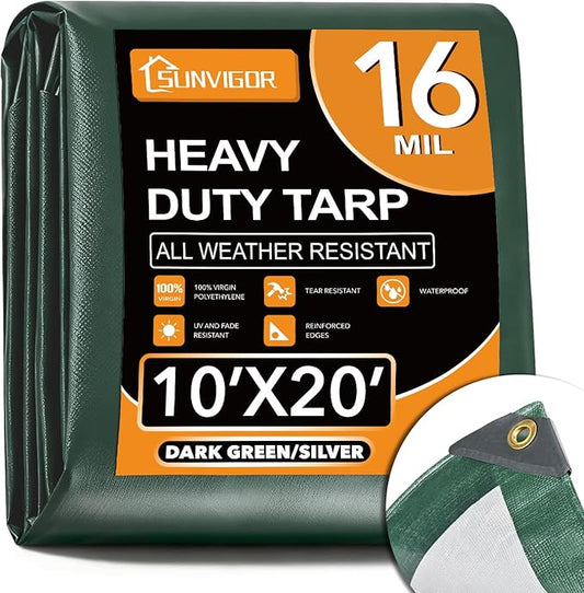 Sunvigor Tarp Waterproof 10x20Ft, Extra Thick 16 Mil Heavy Duty Tarp Cover, Tear & Fade Resistant, Outdoor Tarps with Brass Grommets and Reinforced Edges for Roof, Camping, Patio, Boat (Green/Silver)