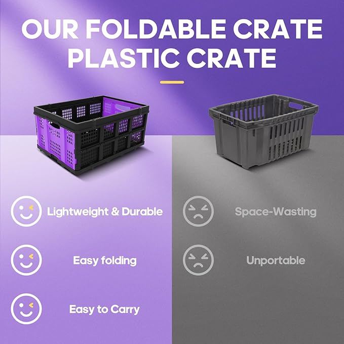 FAHKNS 60L Collapsible Milk Crates for Storage: Stackable & Portable Basket Foldable Plastic Crates for Office, Home, Garage