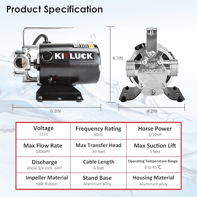 Water Transfer Pump, 115V 1/10HP 330GPH Utility Water Pump Electric With 2 * 6ft Suction Hose, Portable Small Water Pump For Pool Draining, Removing Water From Rain Barrel, Aquariums, etc.