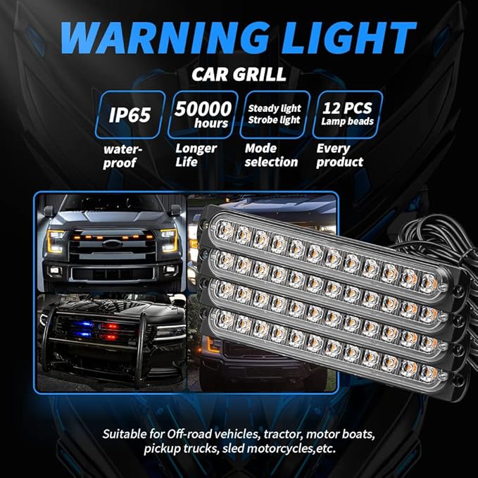7 Inch LED Warning Safety Flashing Beacon Lights Kit, 4Pcs 12 LEDs Strobe Light Flashing Warning for All 12V-24V Vehicle off-road Truck SUV ATV Forklift Tractor Fire Engine (Blue)