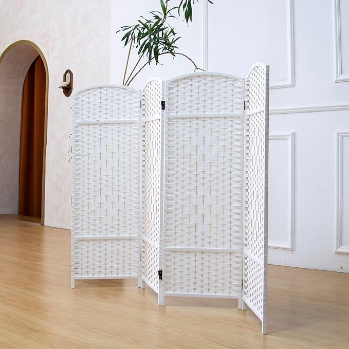 4 Panel Rattan Divider Short Room Partition Screen,Double Sided Folding Divider for Room Separation,White,47.2" H x 63" W