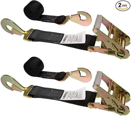 US Cargo Control Automotive Ratchet Strap with Snap Hook, 2 Inch Wide X 8 Foot Long, Black, Twisted Snap Hook, 2 Pack