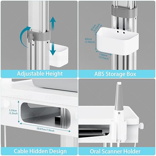 Medical Cart Trolley, Mobile Adjustable Height Dental Cart with Oral Scanner Holder for for Hospital, Dental
