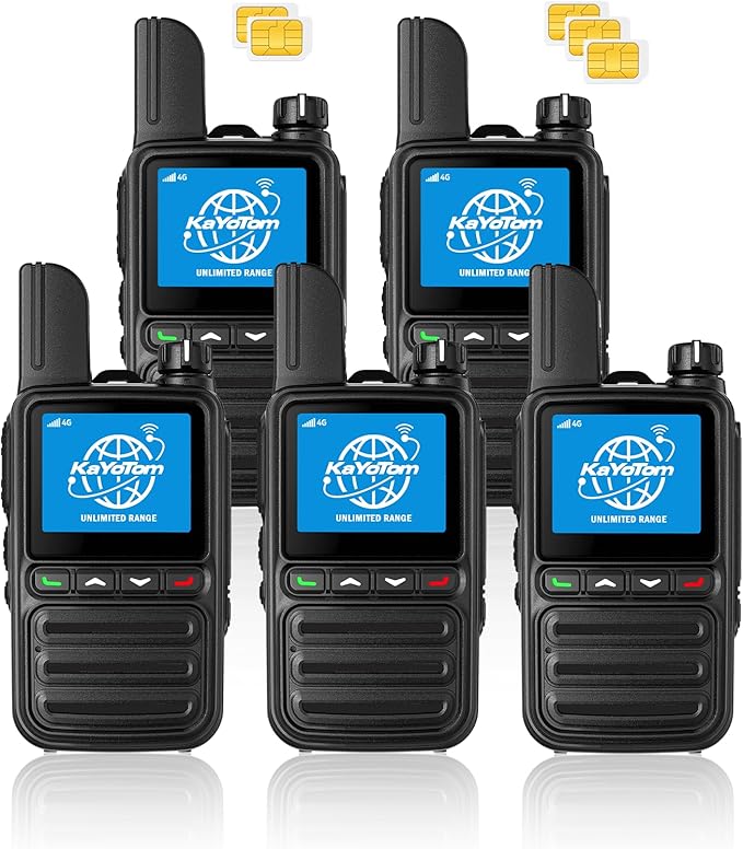 KAYOTOM Lifetime Free Unlimited Range Rapid Global Walkie Talkies PTT Push-to-Talk Over Cellular Nationwide 5000+ Miles POC 4G LTE Handheld Long Range Two Way Radio for Team Management (5Pack and SIM)