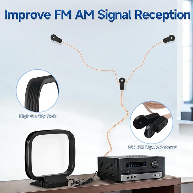 FM Radio Dipole Antenna Indoor AM Loop Antenna 75 Ohm FM Antennas for Yamaha Marantz Pioneer Onkyo Indoor Bluetooth Home Stereo Receiver AV Audio Video Home Theater Receiver Tuner