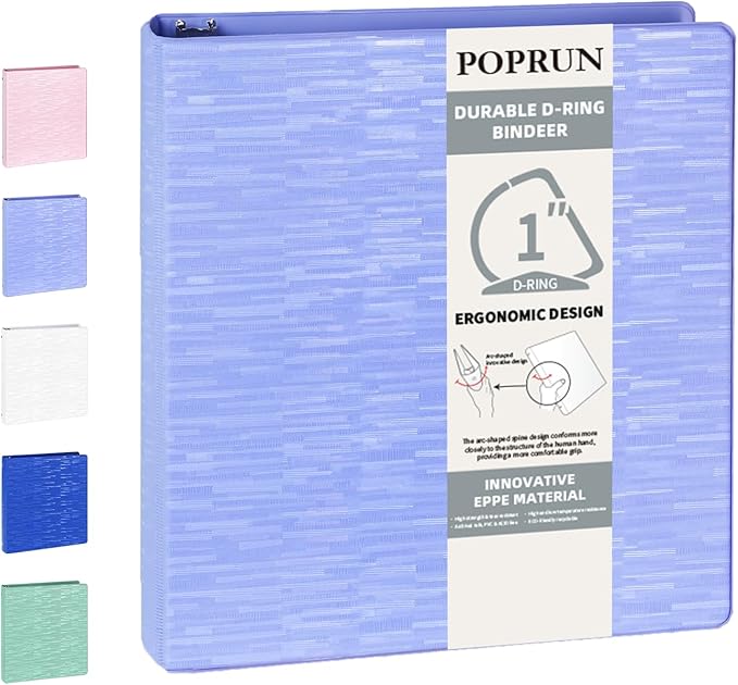 POPRUN 3 D Ring Binder 1 Inch, PVC-Free, Holds 225 Sheets of 8.5 x 11 Paper, Extra Durable Organizer with 2 Pockets for School & Office, Heavy-Duty, 1 Pack, Cornflower Purple