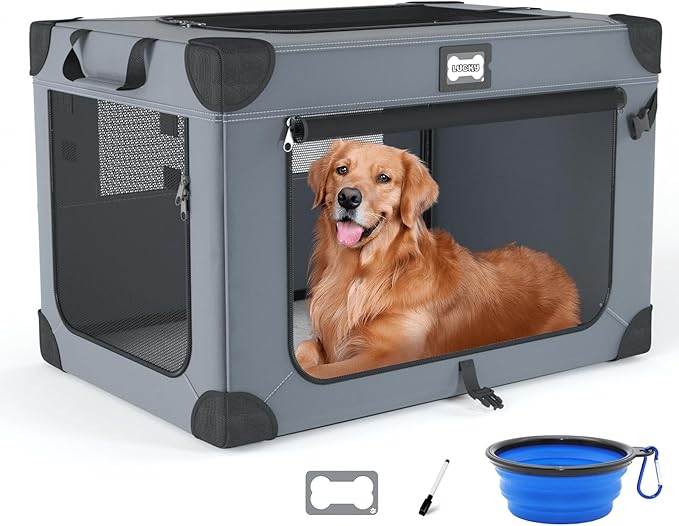 42 Inch Soft Dog Crates, Collapsible Dog Travel Crate for Extra Large Dogs Indoor & Outdoor, 3-Door Foldable Pet Kennel with Mesh Windows, Soft Blanket and Foldable Bowl