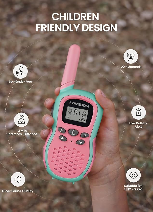 FOREDOM Walkie Talkies for Kids Walkie Talkies Long Range for Girls Age 3 to 12 Year Old Birthday Toys with Flashlight, Lanyards, 2 Pack - Pink