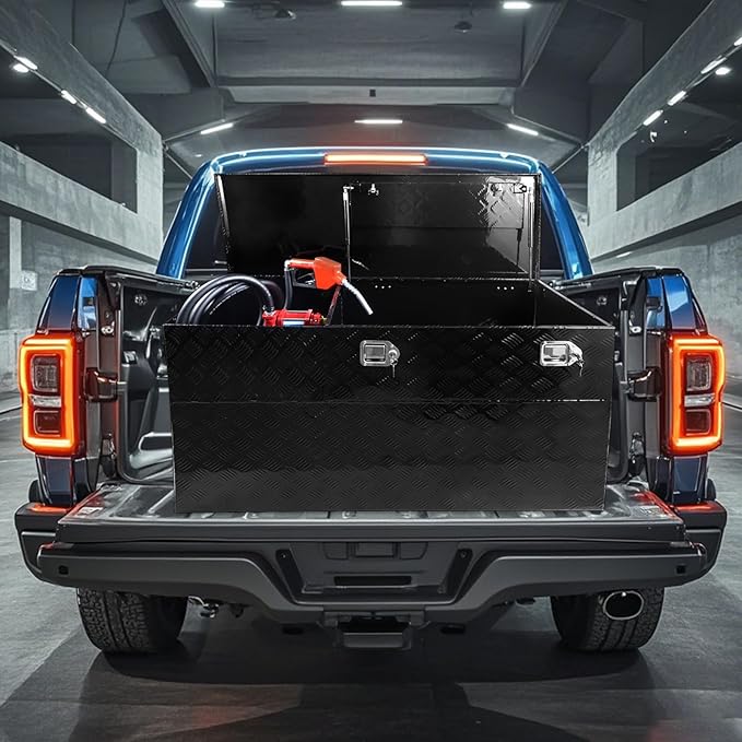 51 Gallons Fuel Transfer Tank Tool Box Combo Aluminum Gasoline Diesel Transfer Tank & Toolbox with 12 GPM Fuel Transfer Pump, Auxiliary Tank, Black Diamond Plate