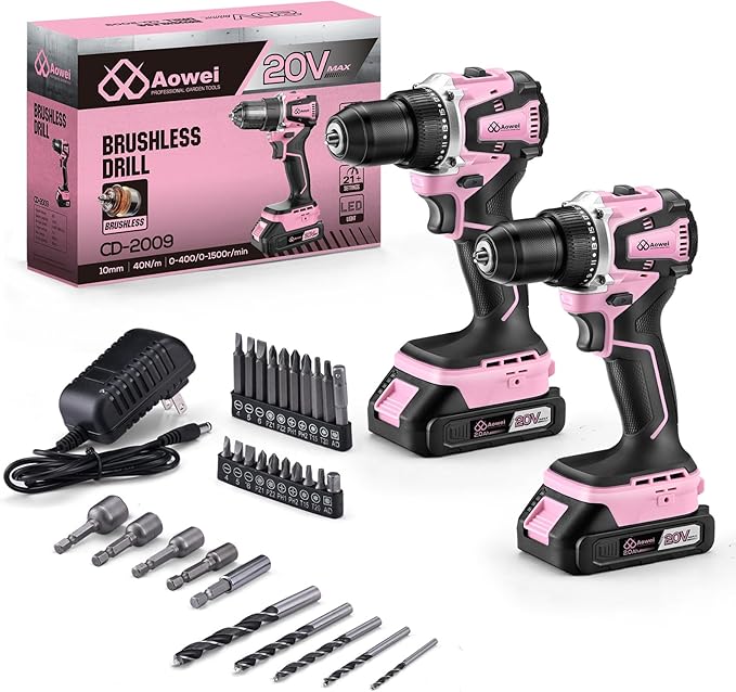 20V Yellow Brushless Cordless Drill Set (2-Piece) - Compact Power Drill Driver with 2.0Ah Battery, Power Drill Set with Battery and Charger & 3/8" Keyless Chuck,Pink