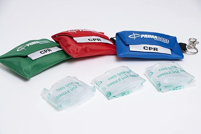 Primacare RS-8631-CS Pack of 12 CPR Barrier Keychain Pouch with One Way Valve, Face Shield Mask Keyring with HEPA Filter, First Aid Kits for CPR Training, Colors May Vary