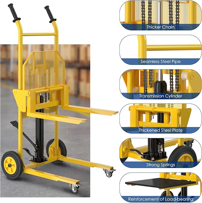 Hydraulic Material Lift,550lbs Lift Dolly,Upgraded Baffle Pallet Lift,37.4” Max Lift with Front Universal Wheels and 9" Polyurethane Wheels, 18.5" Fork Length, Hand Forklift, Steel Platform x 1