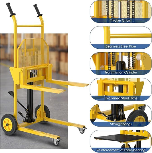Hydraulic Material Lift,550lbs Lift Dolly,Upgraded Baffle Pallet Lift,37.4” Max Lift with Front Universal Wheels and 9" Polyurethane Wheels, 18.5" Fork Length, Hand Forklift, Steel Platform x 1
