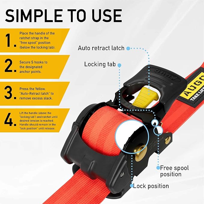 AUGO Retractable Ratchet Straps | 2 Heavy Duty Ratchet Straps Self Retractable Tie Downs with Soft Loops & Storage Bag for Motorcycle, Truck, Trailer, Cargo Van | 3000 Lb Break Strength 2” x 10’