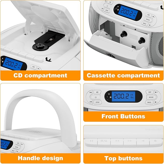 CD Cassette Player Combo, Hernpark Rechargeable Boombox with Bluetooth 5.1, CD Player with Remote Control, Tape Recording, FM Radio, Super Bass, Stereo Sound, Aux/USB Drive, Headphones Jack -White