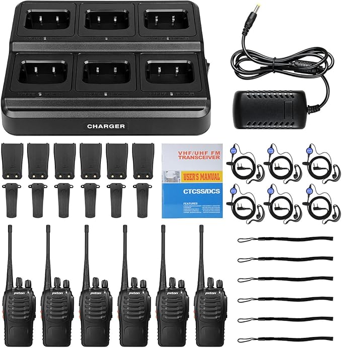 pxton walkie talkies for Adults Long Range with Upgraded Earpiece,radios walkie talkies Rechargeable Portable Two Way Radios with 6 Way Multi Gang Charger and Li-ion Battery (6 Pack)
