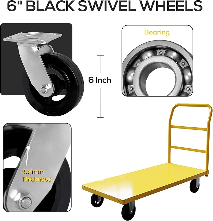 5Seconds Platform Cart Industrial Dolly Heavy Duty 48” X 24” Platform Hand Push Truck Commercial Cart Flatbed with 2000lb Capacity, Moving Cart 6” Swivel Wheels Flatbed cart, Yellow