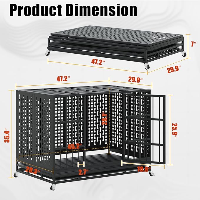 LEMBERI 48/42 inch Indestructible Heavy Duty Dog Crate with Cushion, High Anxiety Extra Large Dog Cage for Large Dogs, XL Steel Escape Proof Dog Kennel with Locking Wheels