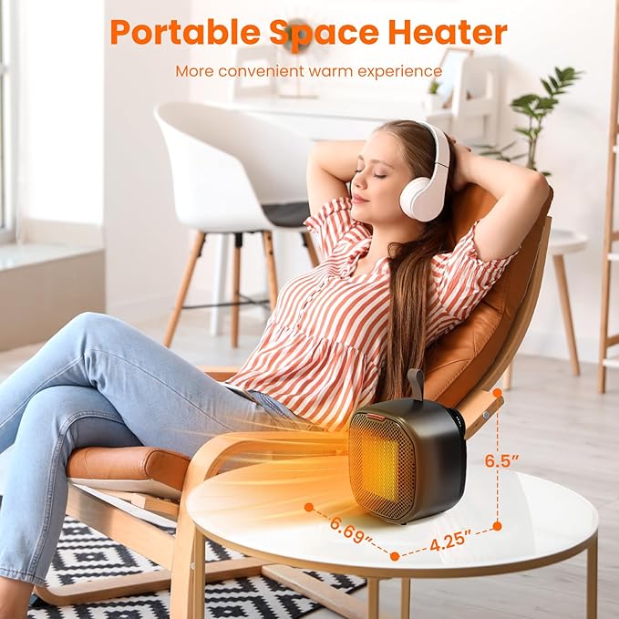 ZAFRO 1200W Portable Ceramic Space Heater for Indoor Use, 3 Modes Thermostat Adjustable, Tip-Over & Overheat Protection, Quiet Personal Heater (<45dB) for Office Desk Bedroom,(Black)