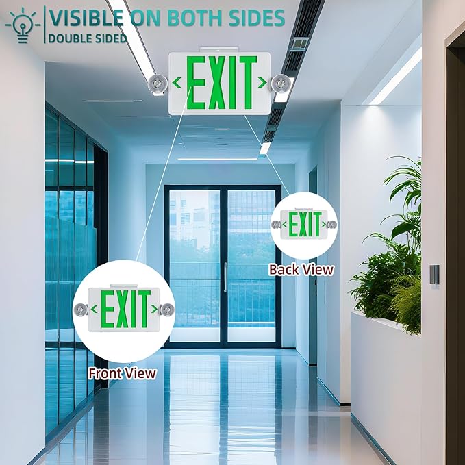 Exit Sign with Emergency Light, Ultra Slim,Green LED Exit Light, Exit Signs With Battery Backup, 2 Adjustable Emergency Lighting, Hardwired 120V/277VAC, UL-Listed, 4 Pack