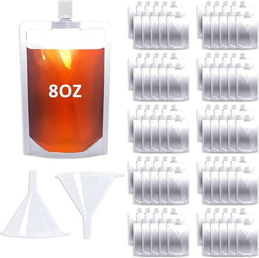 8OZ 100PCS Drink Pouches,Reusable Plastic Flask with Funnel for Drinking Liquid Beverage Juice,Stand Up Drink Bags for Travel Camping Outdoor Sport Concert Events,Leak-Proof Food Grade