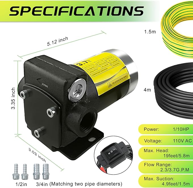 110V Automatic Gasoline Fuel Transfer Pump with Forward and Reverse Pumping, 2.3/3.7 GPM Portable Self-priming Fuel Oil Transfer Pump for Gasoline, Diesel, Kerosene, Biodiesel and More